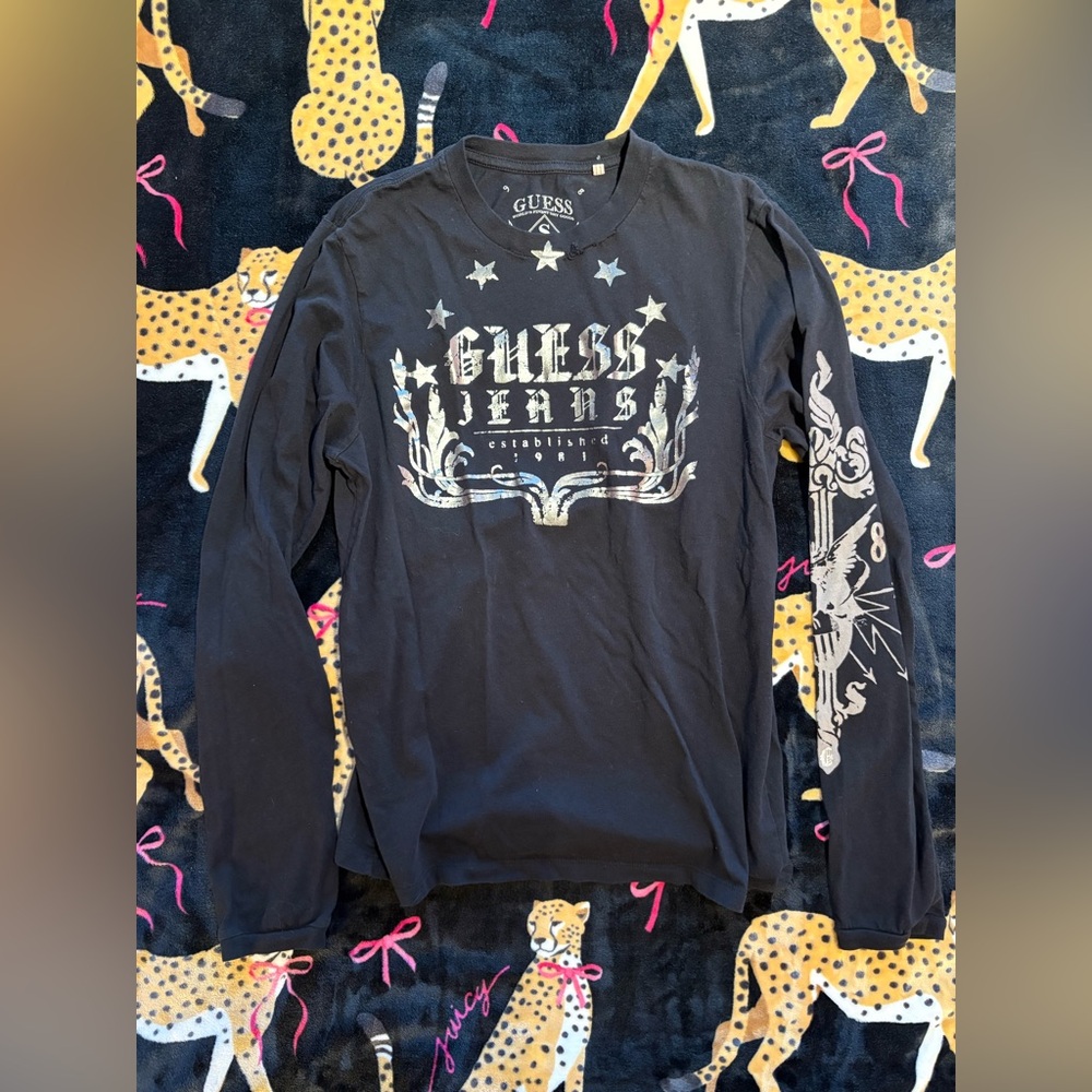 Vintage Guess Black Long Sleeve Y2K Graphic Tee